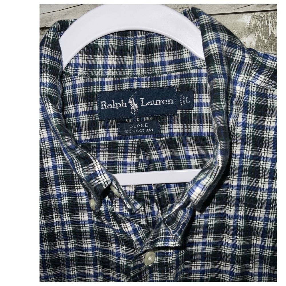 Ralph Lauren Mens Blake Blue Black Plaid Button Down Cotton Shirt Size L - Picture 2 of 3
